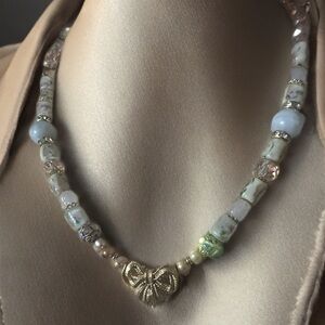 Pearl, Jade, vintage glass floral pink glass Necklace with vintage broach